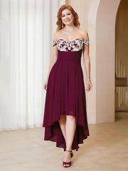 A-Line Lace Off-the-Shoulder Chiffon Asymmetrical Dress Burgundy