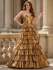 Metallic Bustier Tiered Ruffle Corset Gown Gold