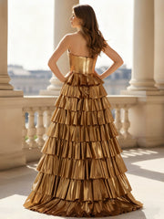 Metallic Bustier Tiered Ruffle Corset Gown Gold
