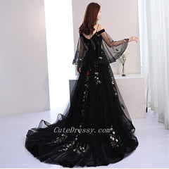 Black Long Puffy Sleeves Tulle with Lace Wedding Party Dresses, Black Floral Prom Dresses
