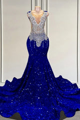 Royal Blue-pailletten zilveren kralen zeemeermin lange V-hals prom-jurken