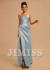 Bodycon/straight V-neck floor-length pleated satin prom dress