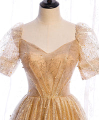 Gold tulle v neck long prom dress gold tulle formal dress