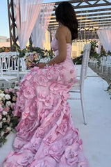 Rosette Strapless Pink A-Line Satin Long Prom Dress