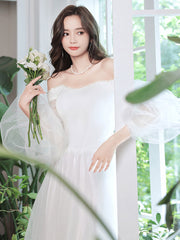 Simple white tulle long prom dress, white tulle formal dress