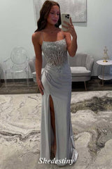 Luxury Sequin Red Mermaid Pleated Slit Prom Dress with Spaghetti Straps