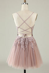Dusty Blue Tulle V-Neck Lace-Up A-Line Homecoming Dress