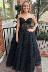 Yellow Appliques Sweetheart Ruffle Tiered A-Line Prom Dress