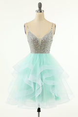 Coral Plunge V Multi-Layer Beaded Short Homecoming Dress