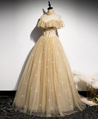 Gold tulle lace long prom dress gold sweet 16 dress