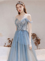 Blue tulle lace off shoulder long prom dress, blue evening dress