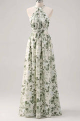 Asymmetrical Straps Green Floral Print Corset A-Line Prom Dress