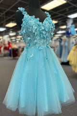 Blue 3D Floral Lace Sweetheart Backless A-Line Short Party Dress