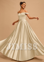 A-line off-the-shoulder floor-length satin prom dress