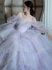 Light purple tulle long prom dress, purple tulle evening dress