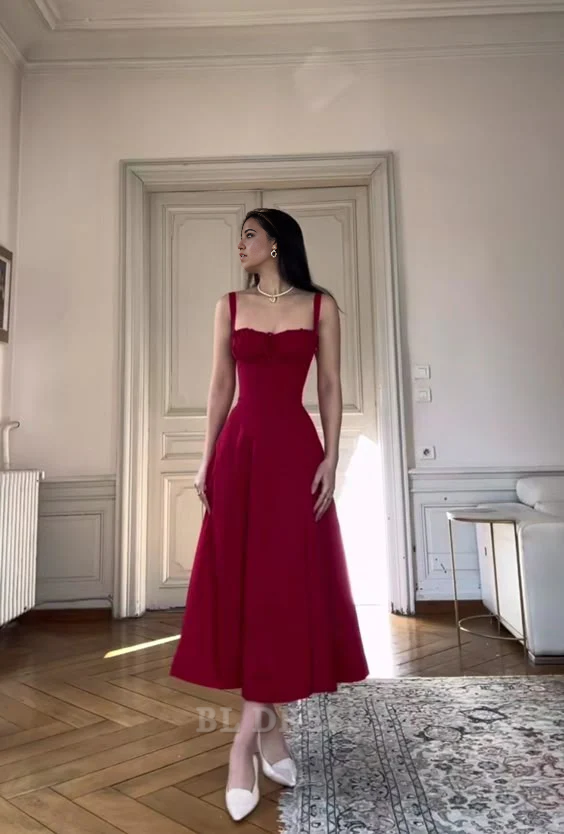 A line Spaghetti Straps Burgundy Tea Length formal dresses Bridesmaid Dresses evening gown Prom Dress