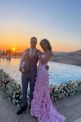 Rosette Strapless Pink A-Line Satin Long Prom Dress