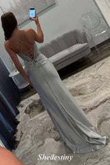 Luxury Sequin Red Mermaid Pleated Slit Prom Dress with Spaghetti Straps