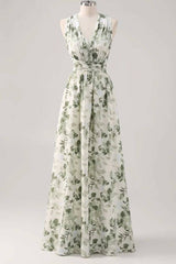 Asymmetrical Straps Green Floral Print Corset A-Line Prom Dress