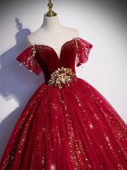 Burgundy sweetheart neck tulle sequin long prom dress, burgundy evening dress