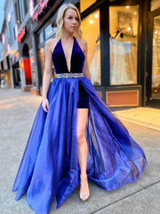 Beading Belt V-neck Backless A-Line Blue Organza Prom Dress
