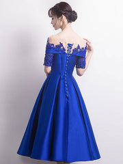 Blue lace satin prom dress, blue bridesmaid dress
