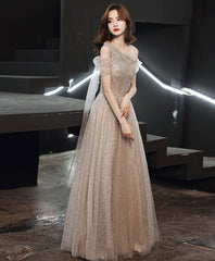 Champagne tulle one shoulder long prom dress tulle evening dress