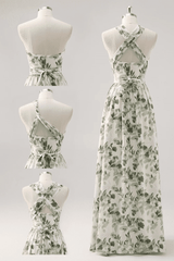 Asymmetrical Straps Green Floral Print Corset A-Line Prom Dress