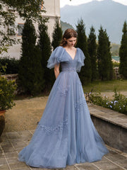 Blue v neck tulle long prom dress, blue tulle formal dress