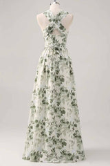 Asymmetrical Straps Green Floral Print Corset A-Line Prom Dress
