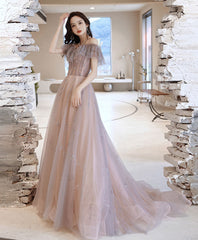 pale pinkish tulle A-line long prom dress tulle formal dress