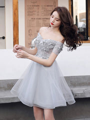 Gray tulle lace short prom dress gray lace homecoming dress