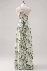 Asymmetrical Straps Green Floral Print Corset A-Line Prom Dress