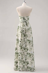 Asymmetrical Straps Green Floral Print Corset A-Line Prom Dress