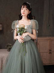 Green tulle long prom dress, green tulle formal dress