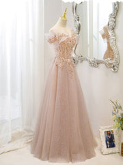 Champagne tulle lace off shoulder long prom dress, champagne evening dress