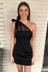 Black Sheer Mesh One-Shoulder Short Homecoming Dress