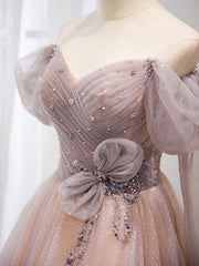 Pink tulle beads long prom dress, pink tulle formal dress