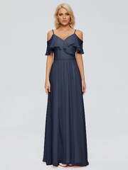 Thin shoulder strap ruffled chiffon and floor length bridesmaid dress