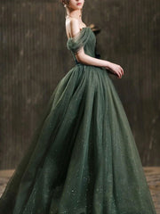 Simple green tulle long prom dress, green tulle evening dress