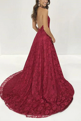 Burgundy Spaghetti Straps V-Neck Lace High Slit Long Prom Dress