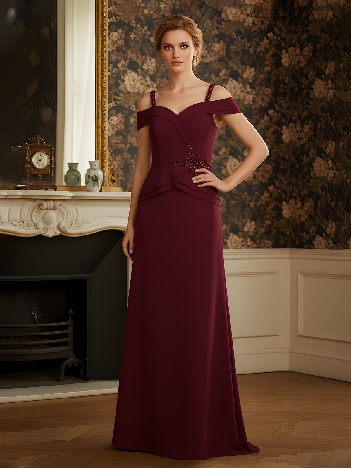 A-Line Off-the-Shoulder Chiffon Floor-Length Dress Burgundy