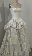Retro Spaghetti Straps A-Line Lace Ruffles Vintage Wedding Dress Eveing Dress, HZ0319