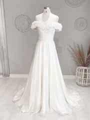 White off shoulder chiffon long prom dress, white evening dress