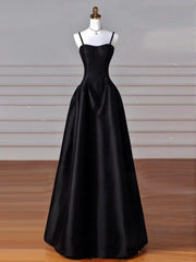Simple Black A-line Satin Straps Long Party Dress, Black Satin Prom Dress