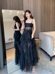 Black Straps Layers Straps Tulle Long Party Dress, A-line Black Tulle Prom Dress