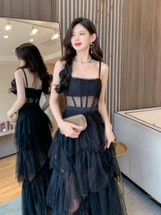 Black Straps Layers Straps Tulle Long Party Dress, A-line Black Tulle Prom Dress