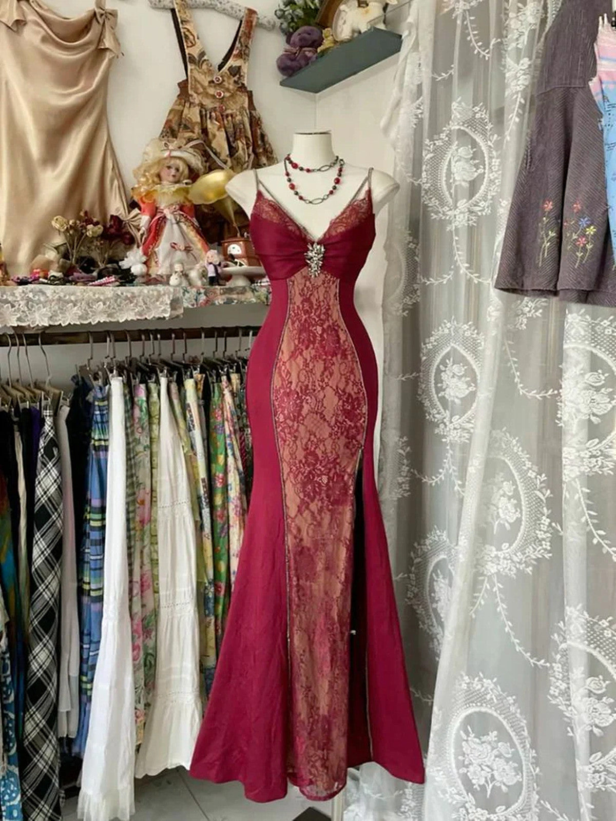 Wine Red Mermaid Straps Sweetheart Party Dress, Wine Red Lace Prom Dress