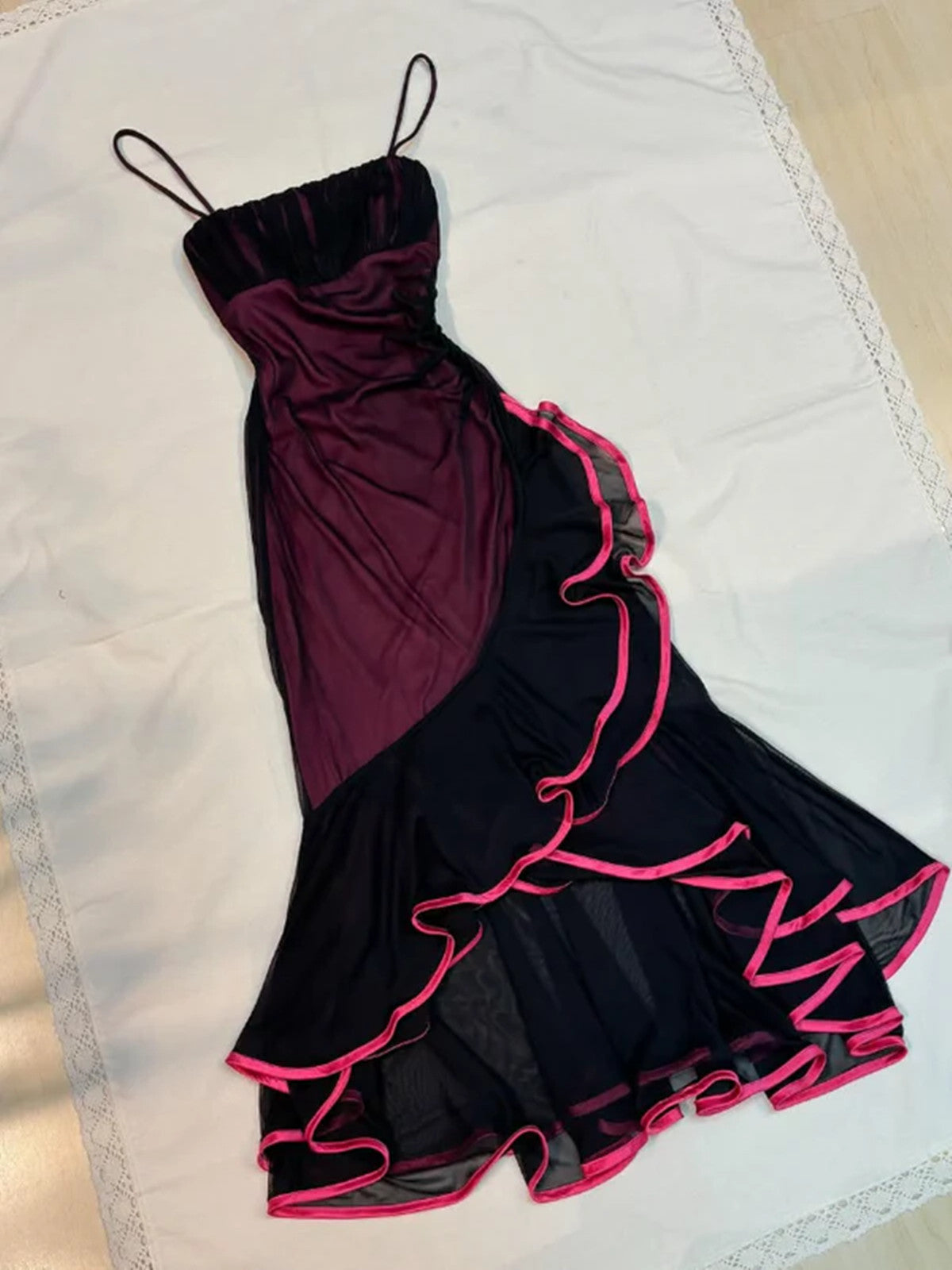 Black and Red Scoop High Low Mermaid Party Dress, Black and Red Evening Dress