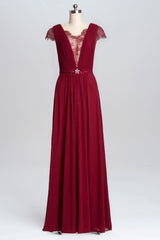 Wine Red A-Line Chiffon Long Bruidsmeisje Jurk met dopmouwen